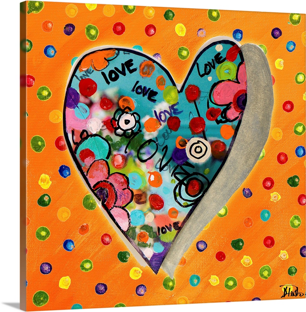 Heart shape filled with bright flowers on a colorful dotted background.