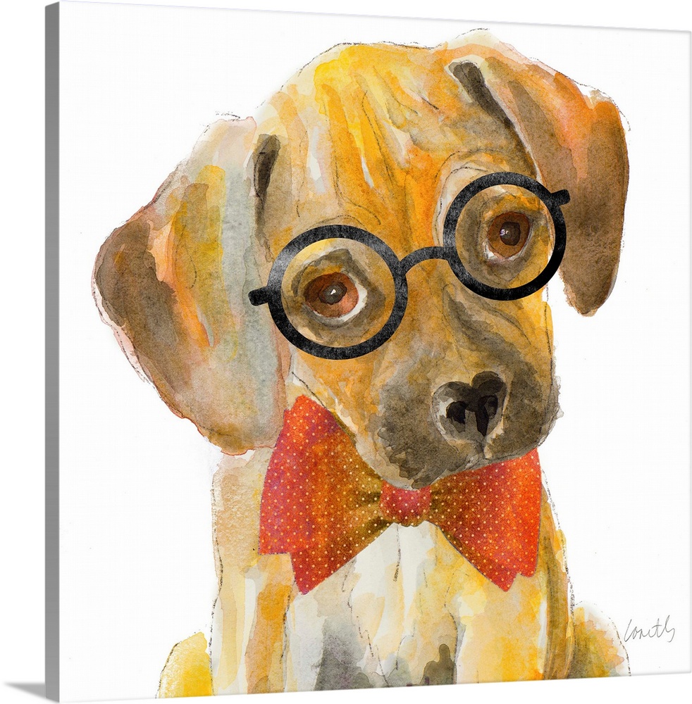 Square watercolor painting of a puppy wearing circular framed glasses and a red bow tie.
