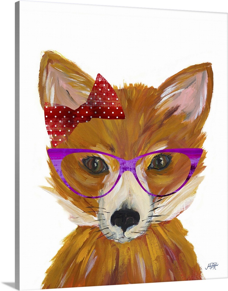 Fun painting of a female fox wearing purple glasses and a red bow with white polka dots.