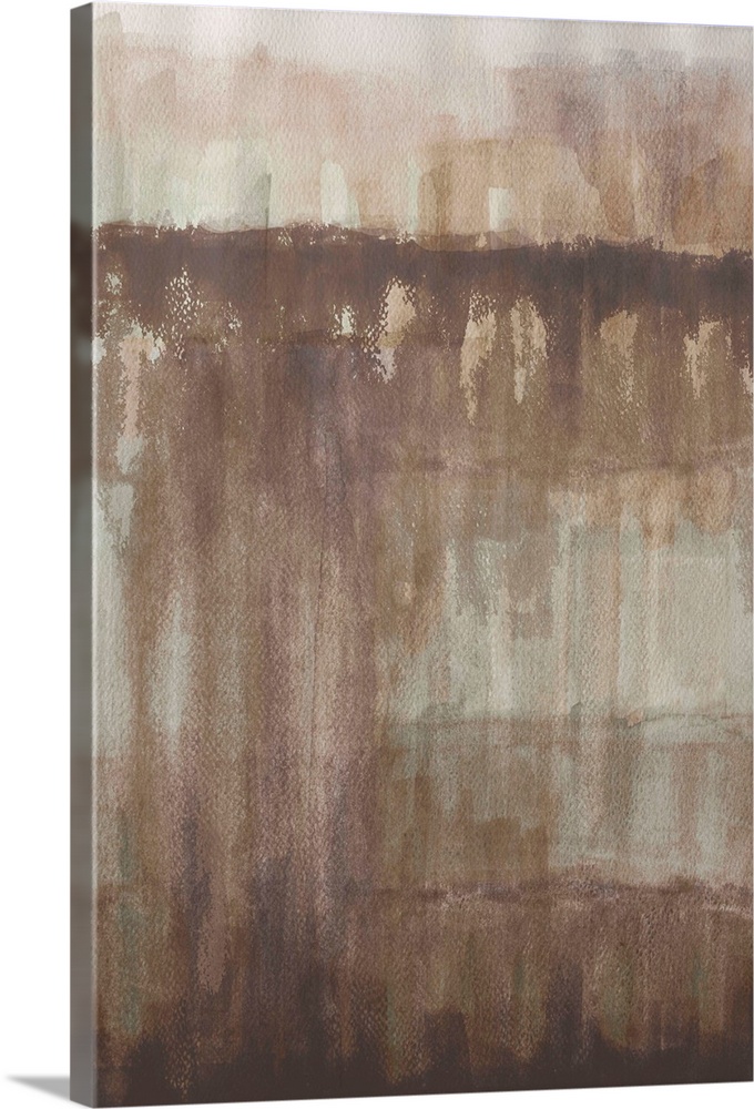 A contemporary abstract painting with vertical layers of neutral colored brushstrokes.