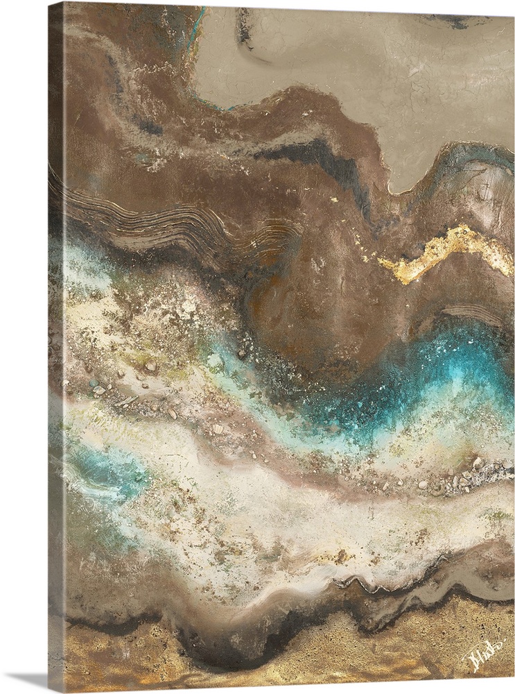 Contemporary abstract artwork resembling sedimentary rock layers with and some shell pieces hidden throughout and brown, w...