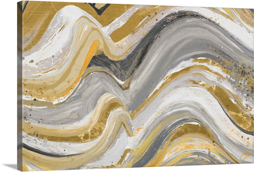 Contemporary abstract painting with wavy lines piled on top of each other in earthy shades of yellow, gray, white, and gold.