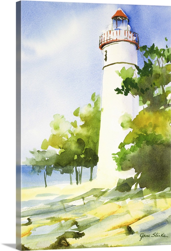 Contemporary painting of a white lighthouse near green trees.