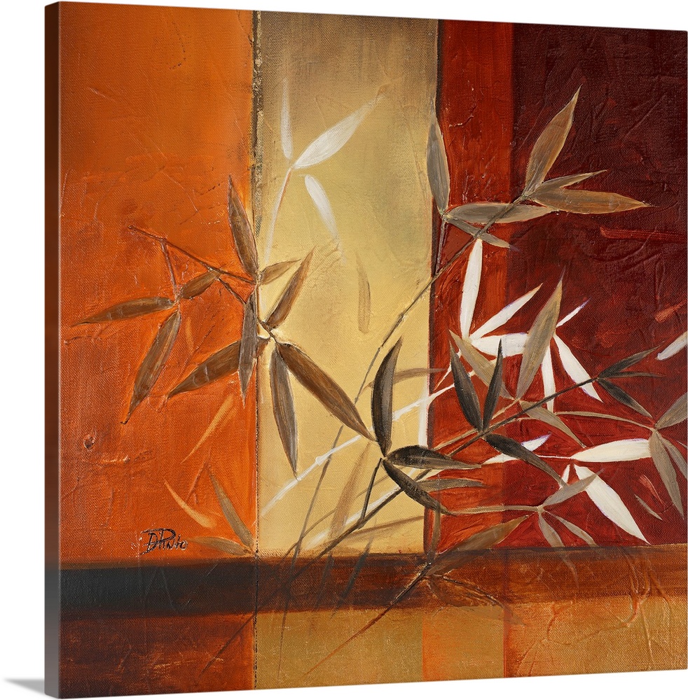 Rust-colored painting of leaves with vertical striped background.