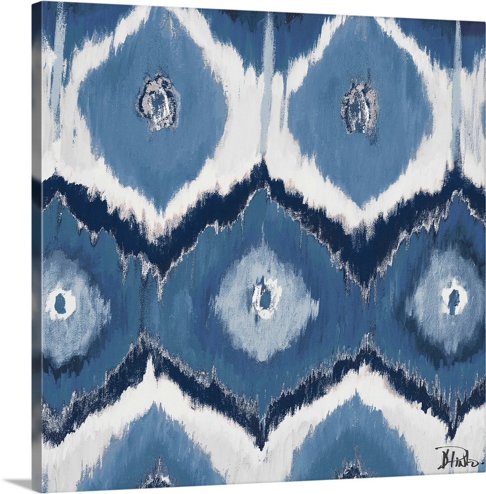 Contemporary painting of an Ikat pattern in tones of blue and gray.