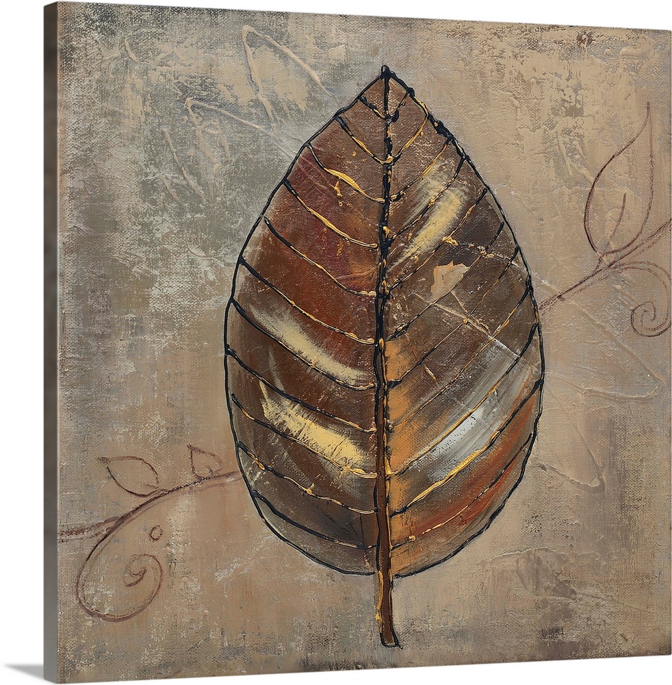 Contemporary of a mixed media brown leaf with gold color detail over a mottled green background.
