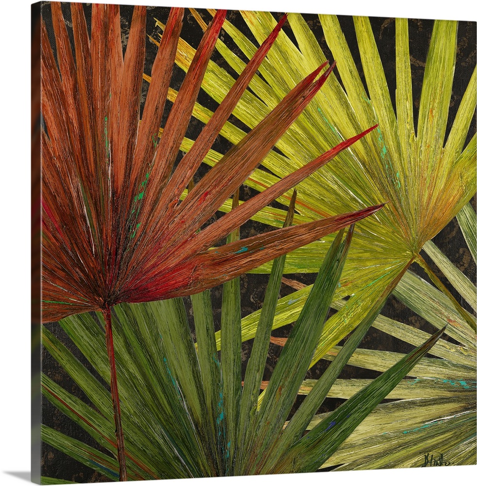 Large artwork of various colored palm tree leaves that overlap each other.