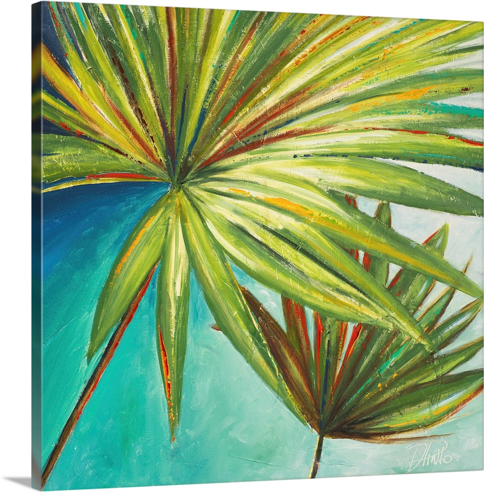 Painting of a vibrant green palm frond against a blue green background.