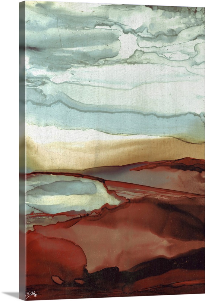 Abstract painting with slate blue, tan, and crimson red hues layered together to resemble a sky.