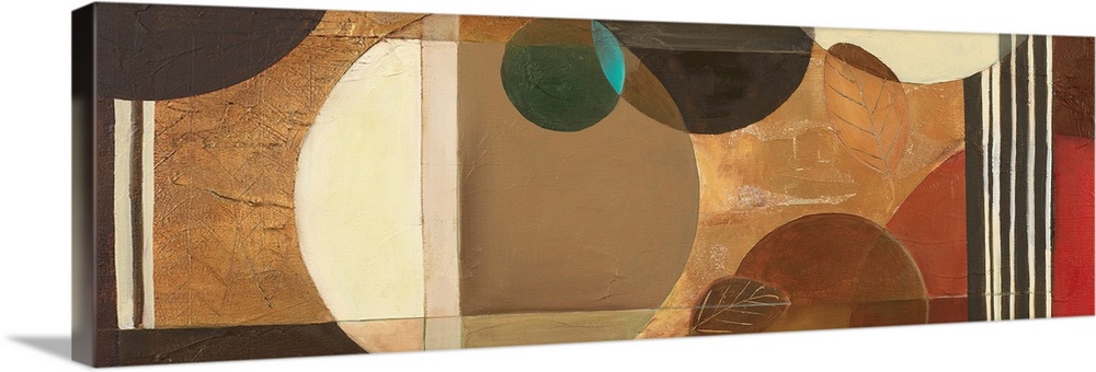 Long panoramic abstract painging with earthy neutral colors in circles and vertical lines.