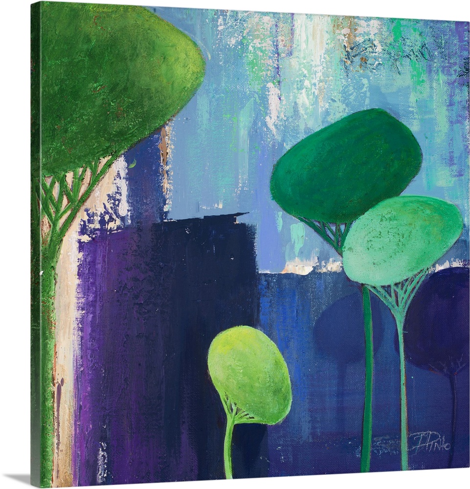 A contemporary painting of abstract trees on a blue layered background.