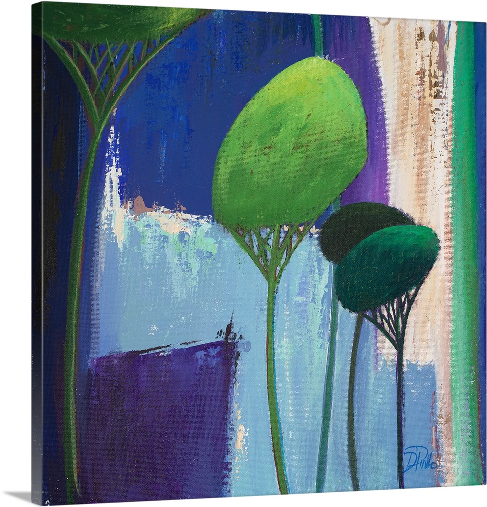 A contemporary painting of abstract trees on a blue layered background.