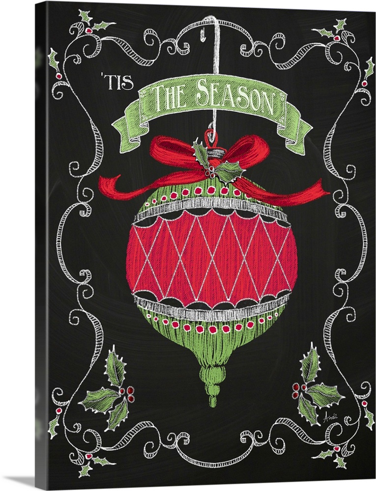 Christmas decor artwork of a red and green ornament against a black background with white decorative scroll work around th...