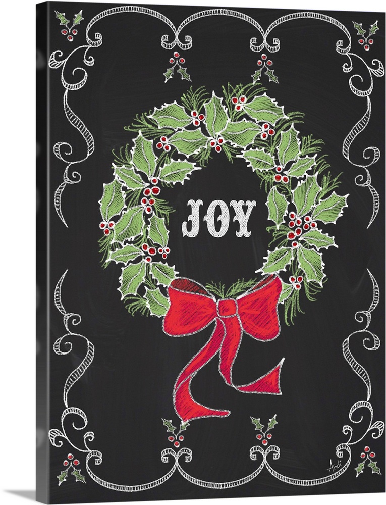 Christmas decor artwork of a wreath against a black background with white decorative scroll work around the edge.