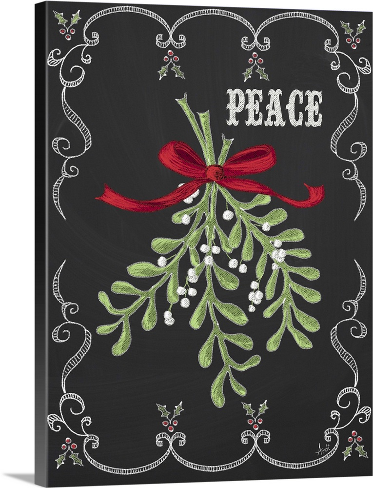 Christmas decor artwork of mistletoe against a black background with white decorative scroll work around the edge.