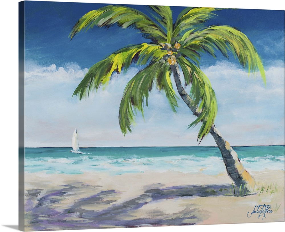 Painting of a relaxing coastal scene with a sandy beach and a big palm tree with a sailboat in the distance.
