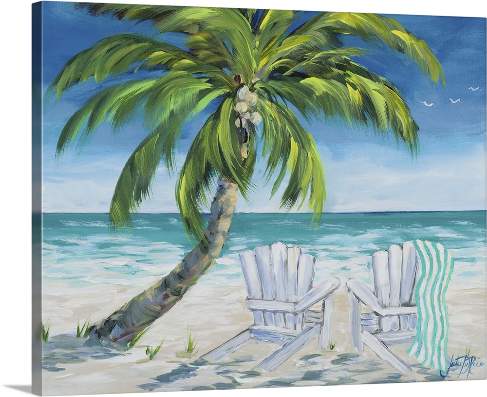 Contemporary painting of a relaxing beach scene with two beach chairs under the shade of a palm tree.