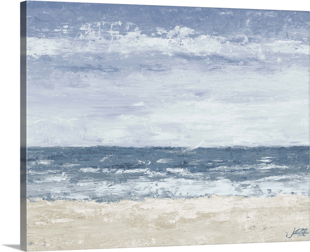 A contemporary abstract painting of the beach with muted tones.