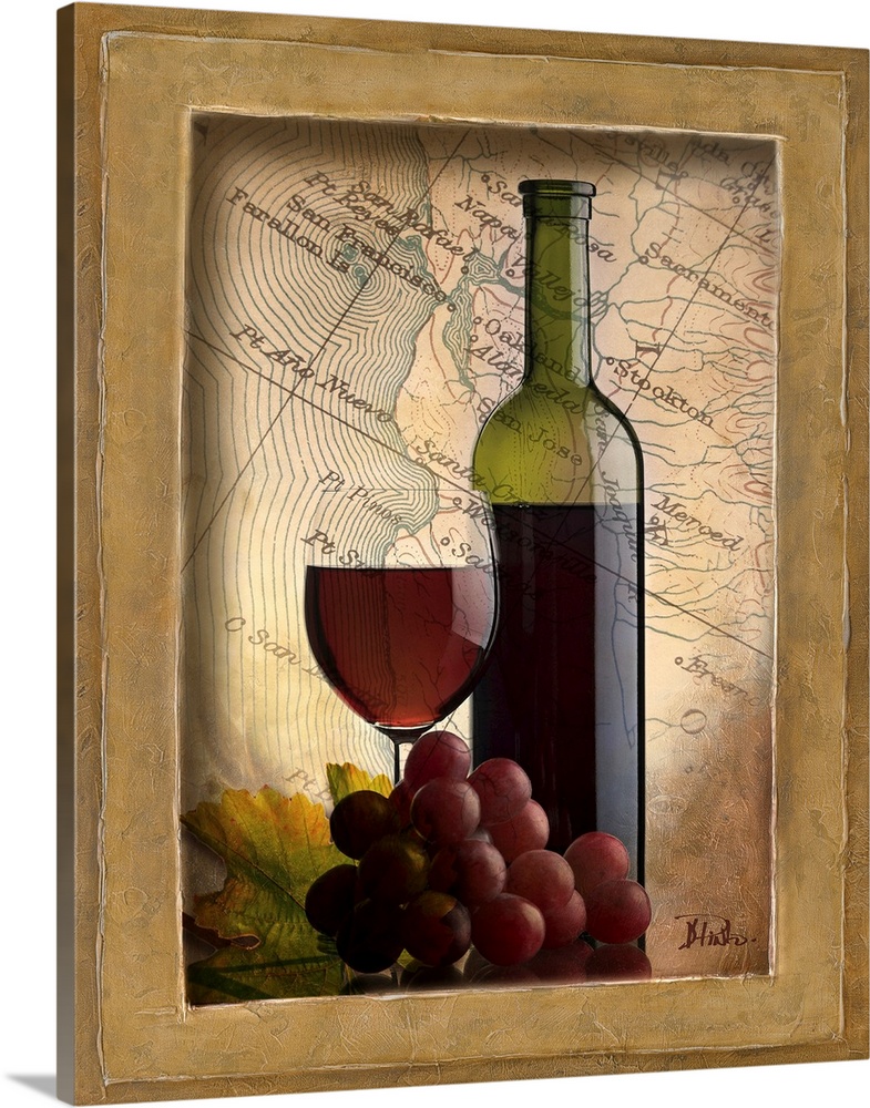 A bottle of red wine, a filled wine glass and grapes are pictured in front of a map of Italy and framed with a neutral color.