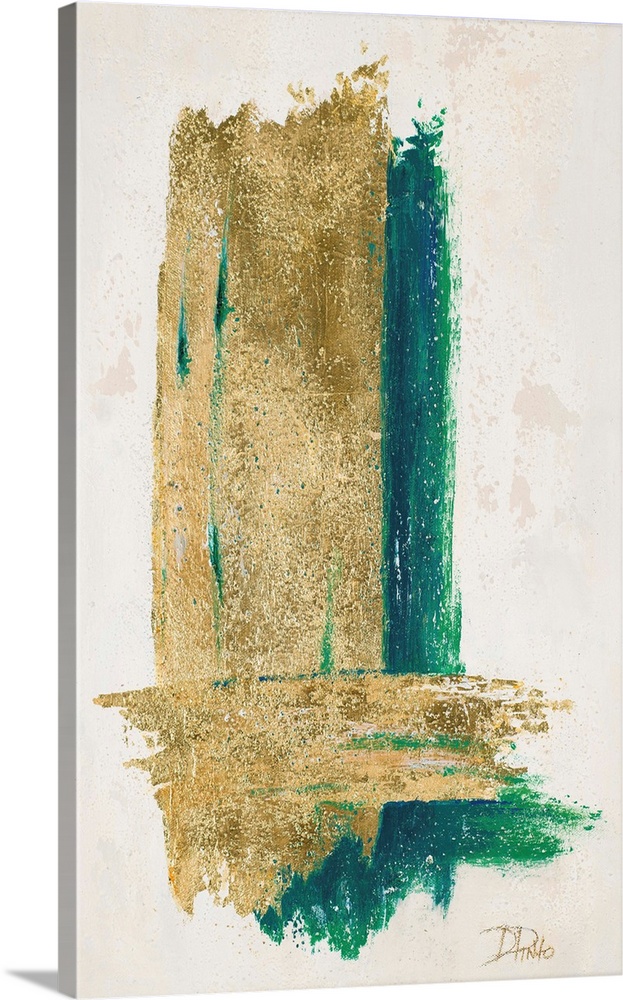 Abstract painting with two brushstrokes creating an "L" shape in metallic gold with a teal underlay.