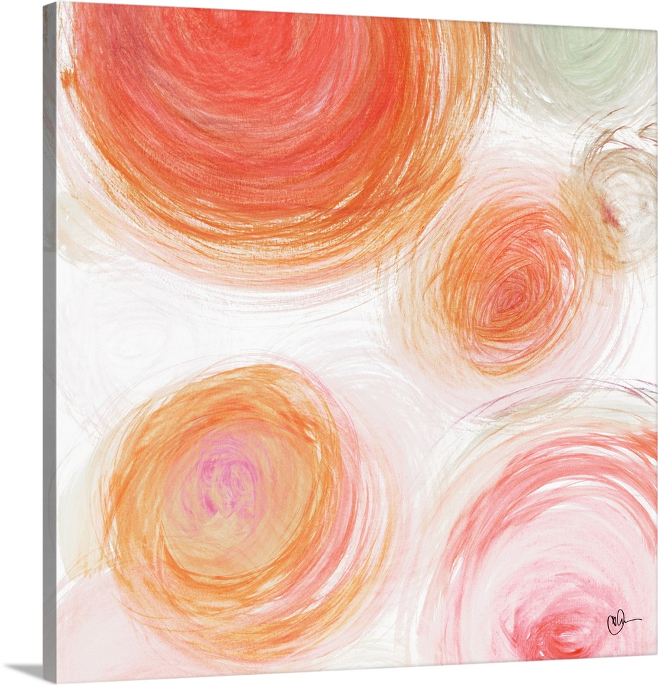 Circular designs in vibrant warm colors fill this contemporary artwork.