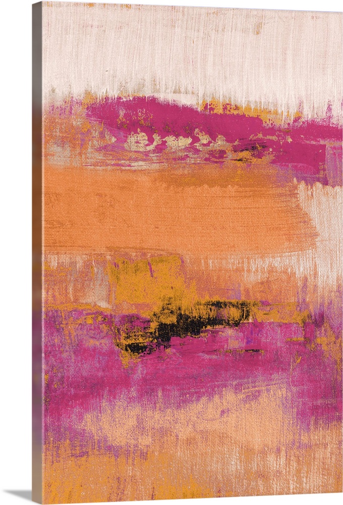 Abstract contemporary painting in shades of pink and orange.