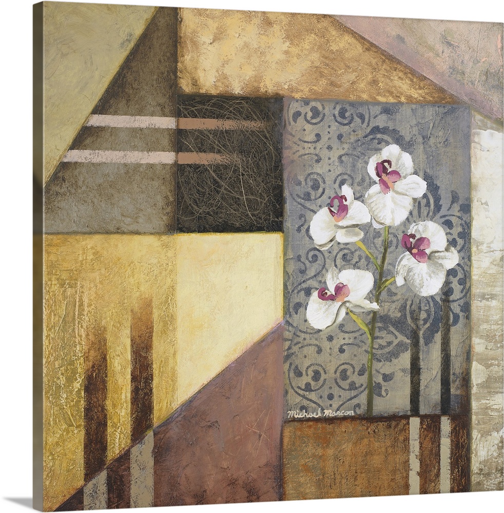 Square painting on canvas of flowers and different shapes together on canvas.