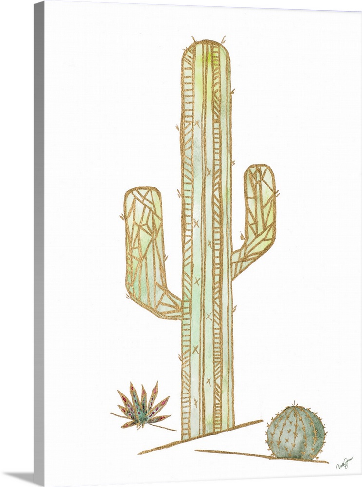 Watercolor painting of cacti created with metallic gold outlines and geometric shapes.
