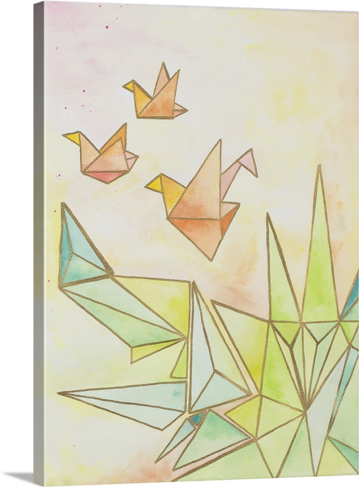 Watercolor painting of cranes created with metallic gold geometric shapes to resemble origami.