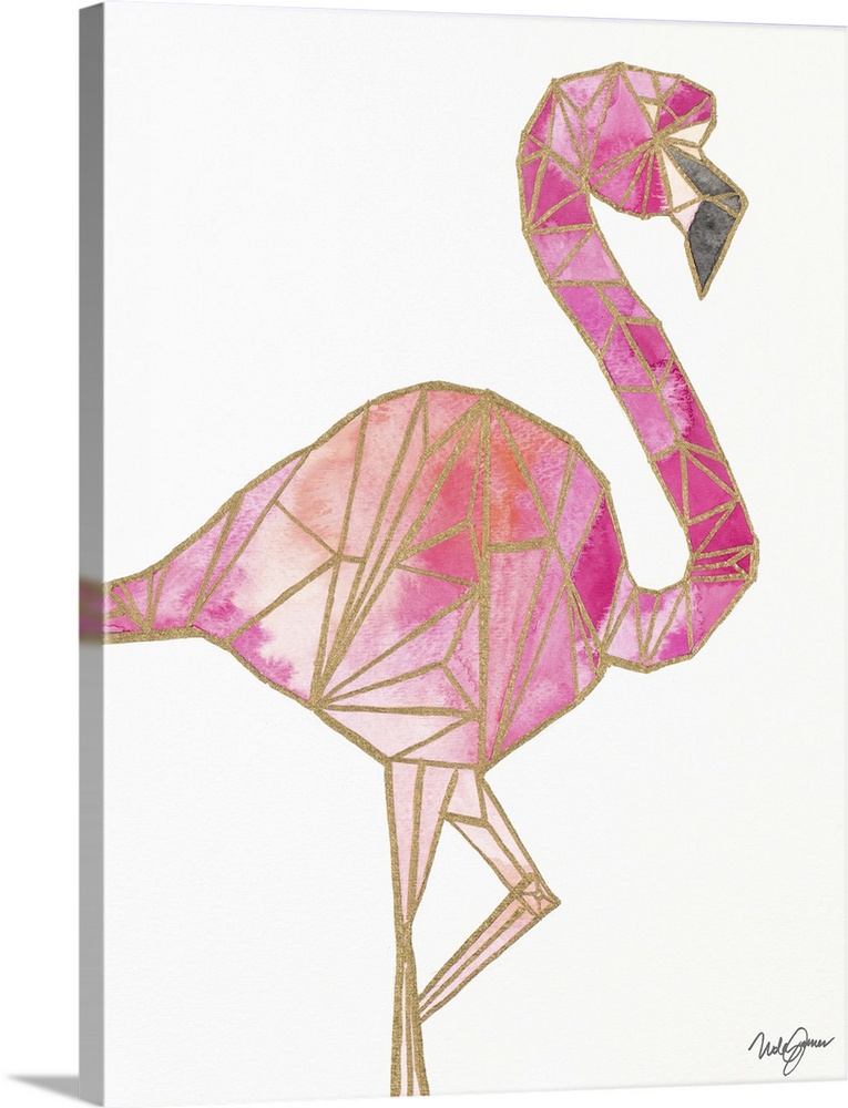Pink flamingo with golden outlines, making it look geometric.