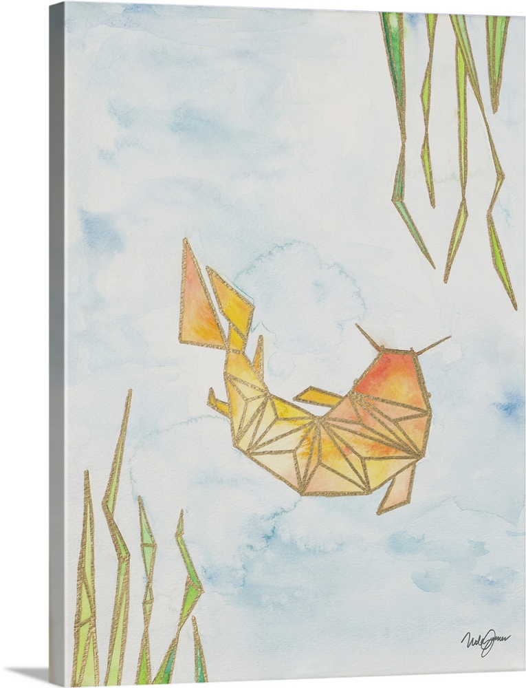 Watercolor painting of an orange and yellow koi fish underwater created with metallic gold geometric shapes.