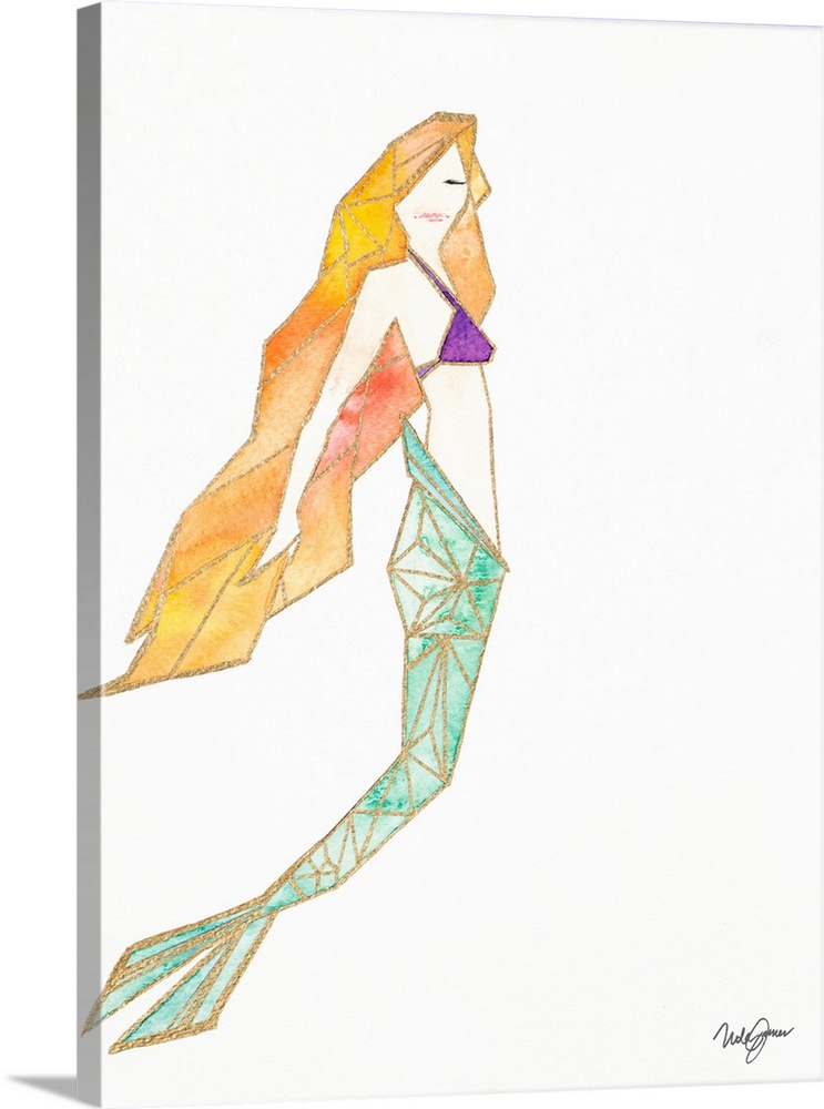 Watercolor painting of a mermaid created with metallic gold geometric shapes on a solid white background.
