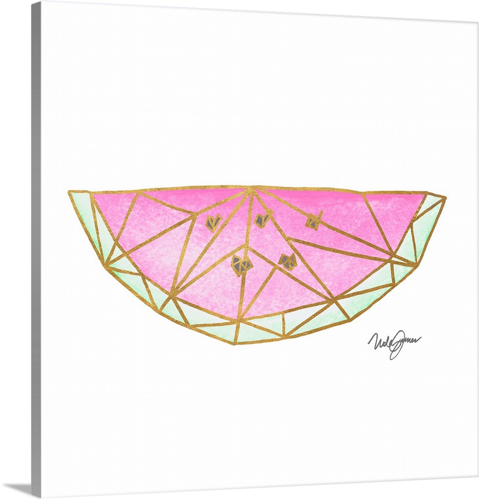 Square watercolor painting of a slice of watermelon made with metallic gold geometric shapes on a solid white background.
