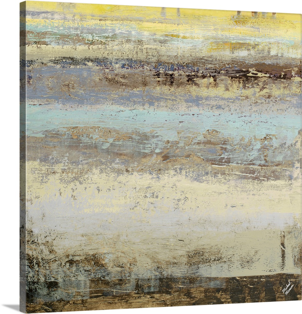 Abstract artwork featuring striations of color with horizontal brush strokes and distressing textures throughout.