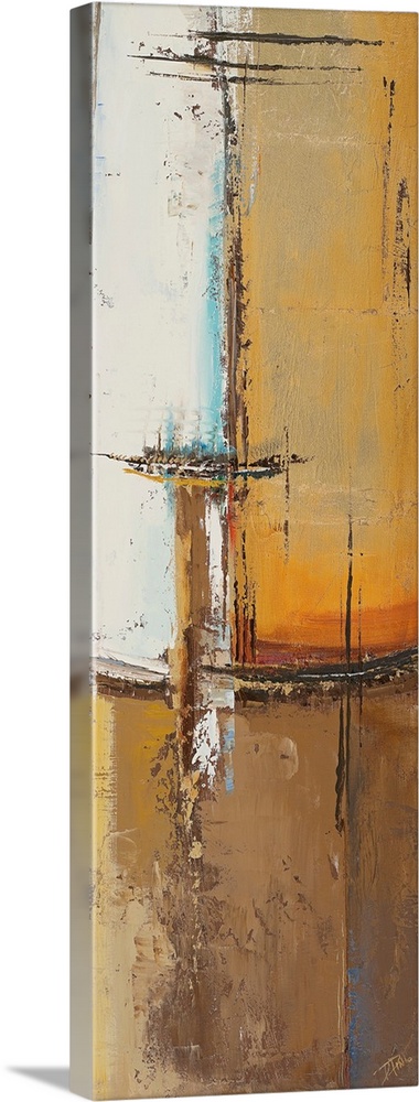 Tall and narrow canvas with abstract colors patched together with grungy markings on top.