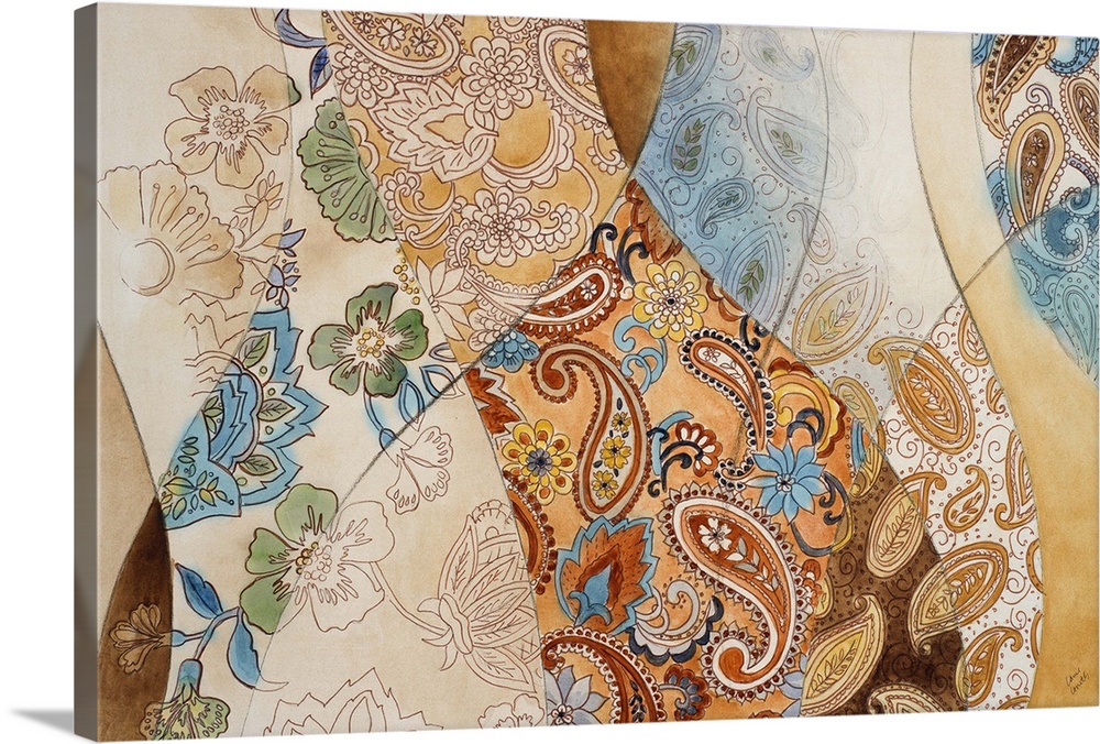 Abstract artwork with blue and orange toned paisley patterns.