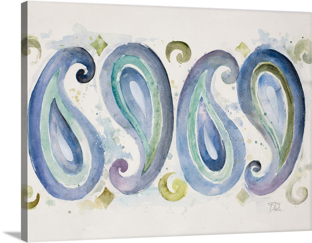 A watercolor painting of a blue and violet paisley design pattern.