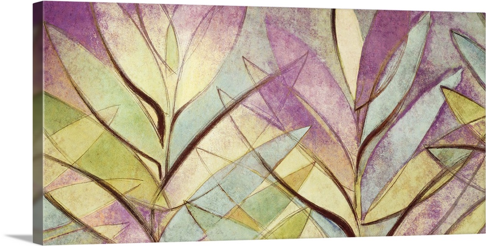 Abstract painting of several palm leaves in varying colors intersecting.