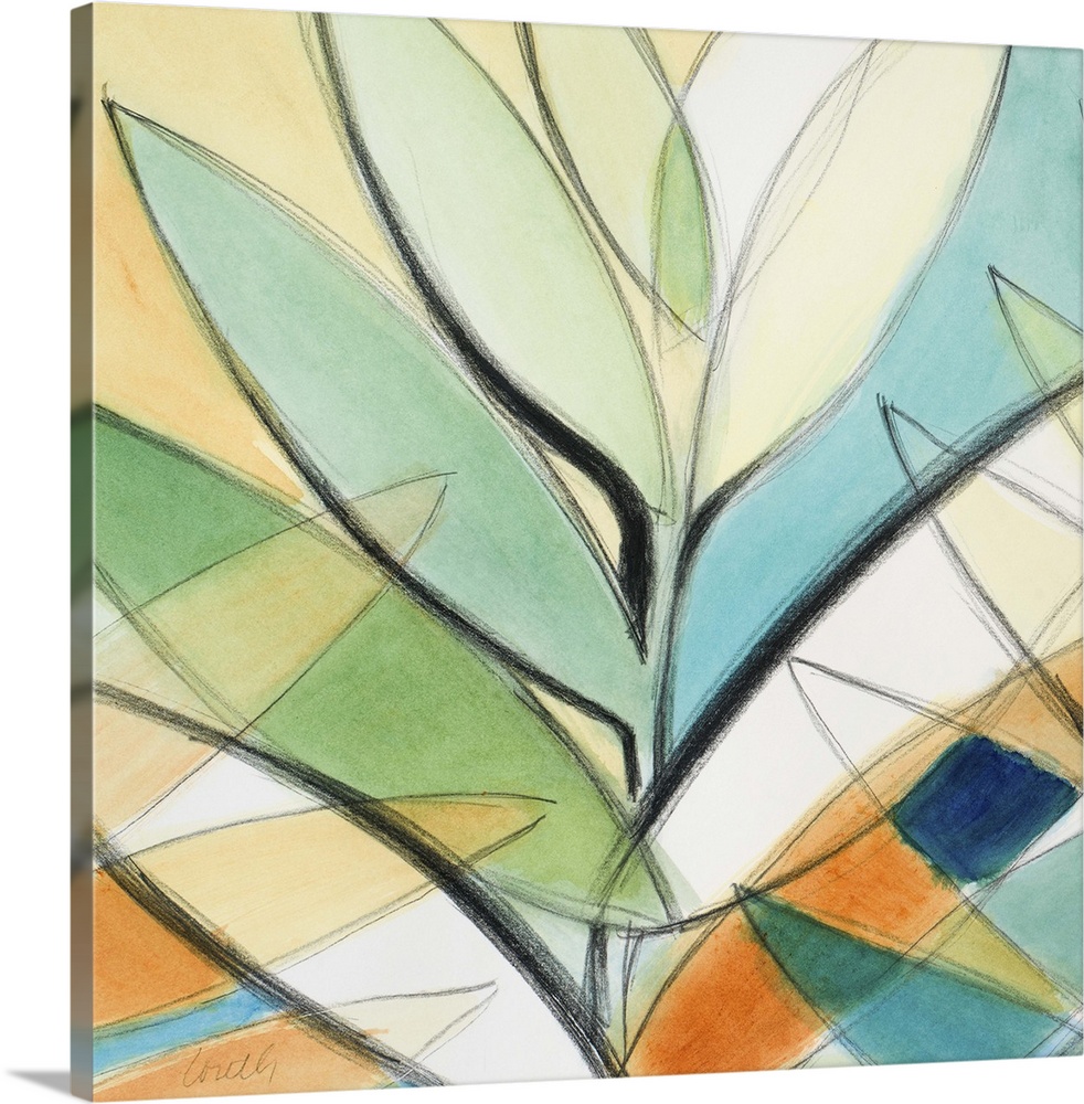 Semi-abstract painting of colorful intersecting palm leaves.