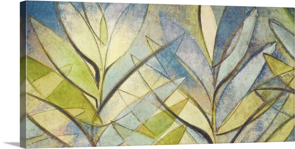 Abstract painting of several palm leaves in varying colors intersecting.