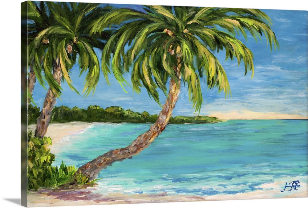 Painting of palm trees stretching out over a tropical ocean.