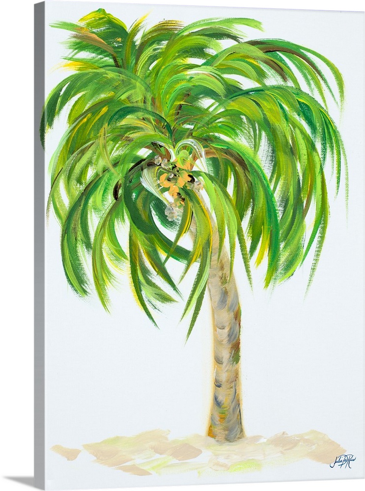 A painting of a palm tree with flowing palm leaf branches on a white background.