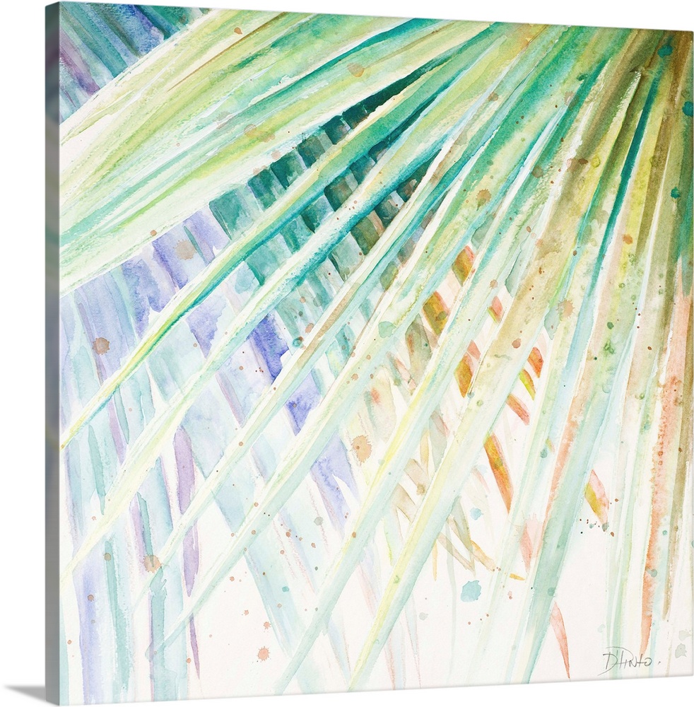 Square watercolor painting of pastel color, cool toned palm leaves.