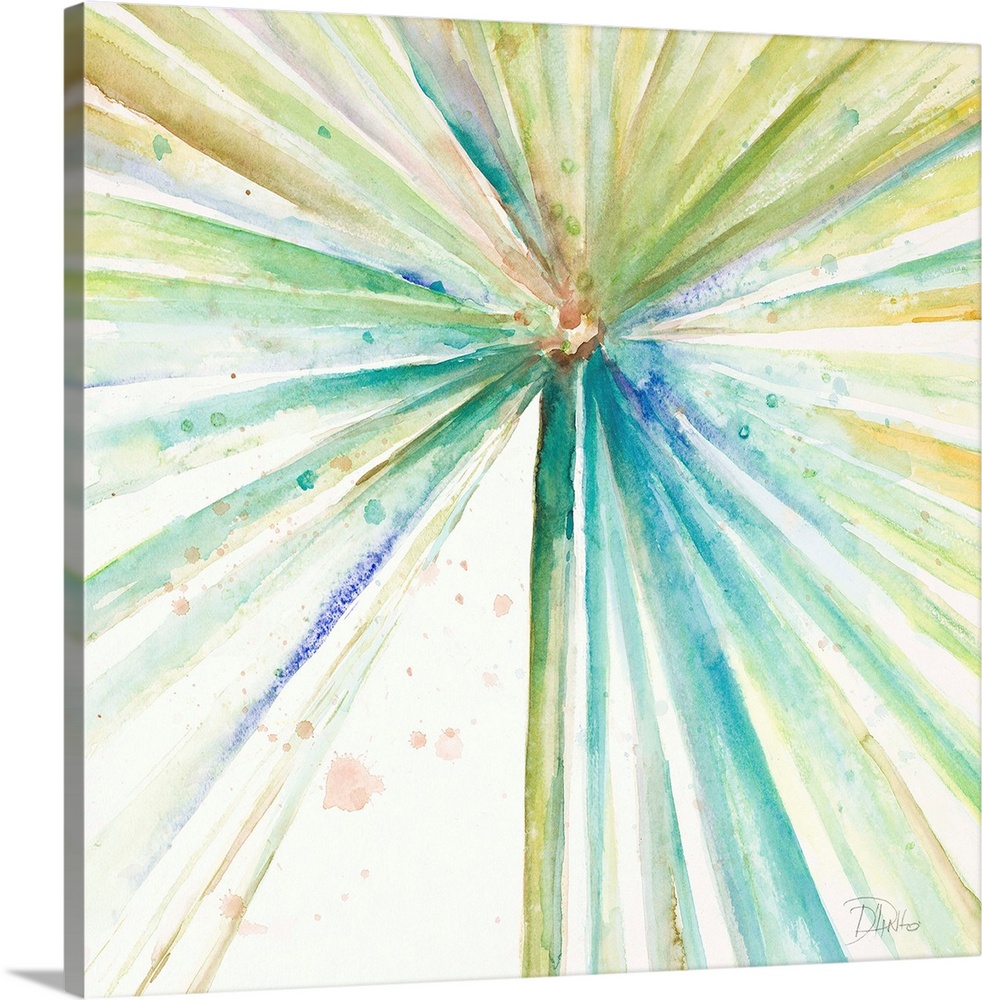 Square abstract watercolor painting of colorful lines coming from all angles of the canvas and meeting at one center point...