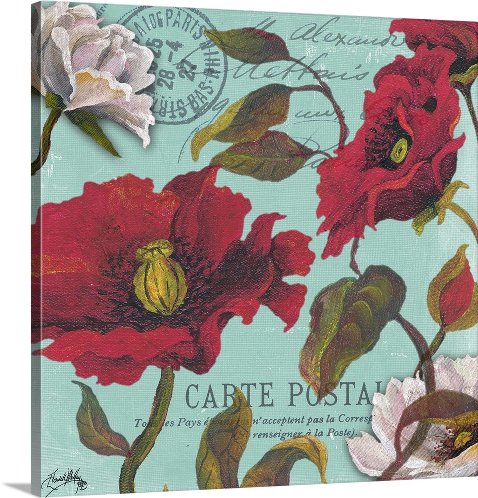 A floral painting on an aqua colored French postcard background.