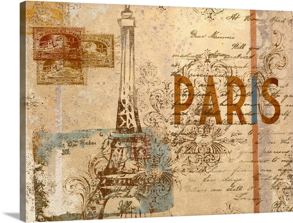 Digital composite of a collection vintage elements, including the Eiffel tower, postage stamps, and a handwritten letter.