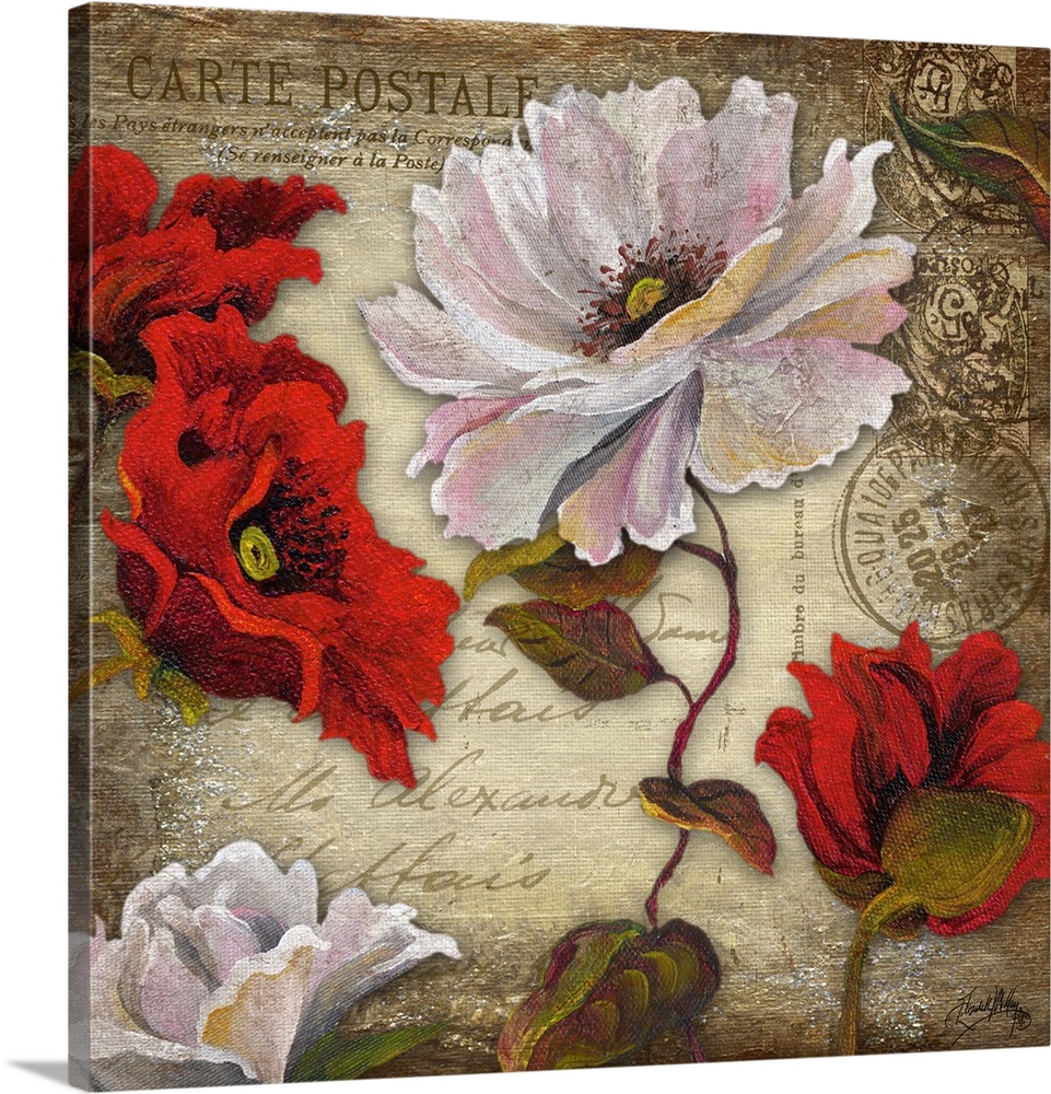 A floral painting on a French postcard background.