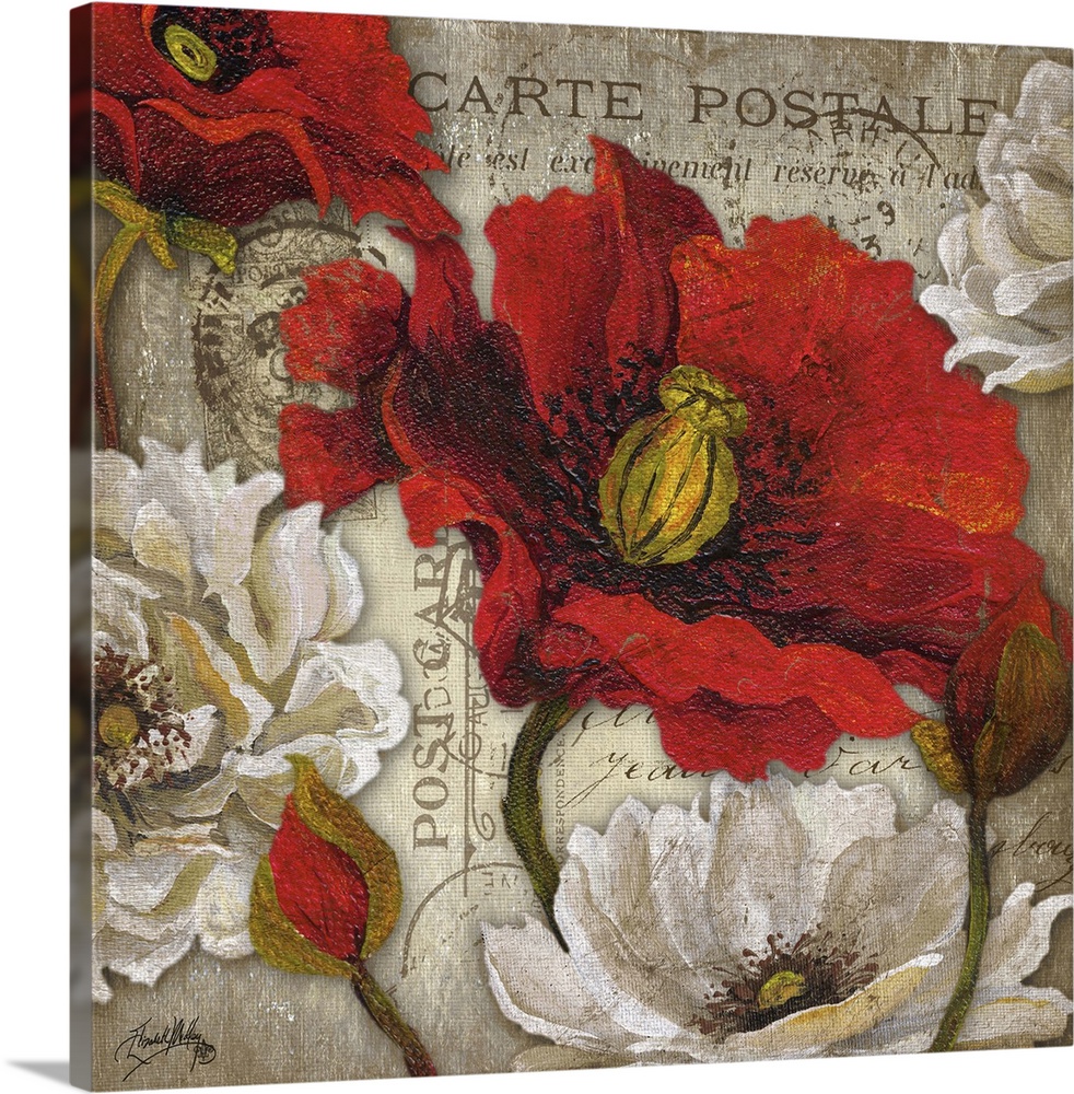 A floral painting on a French postcard background.