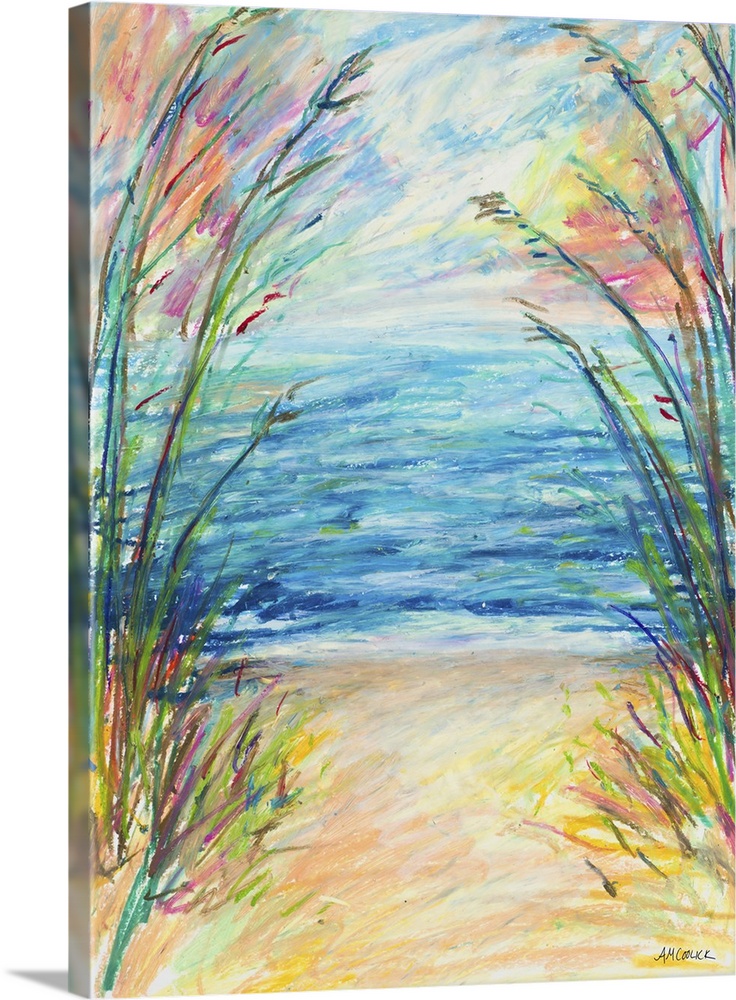 A bright and vibrant painting of a path made through sea grass that leads straight to the ocean.