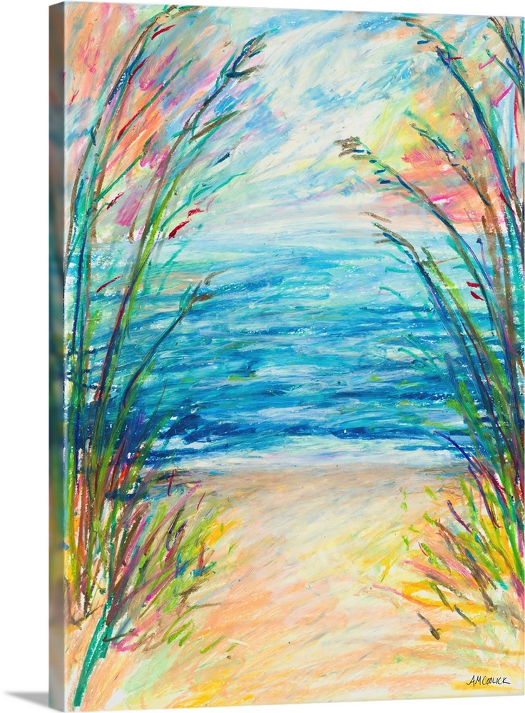 A bright and vibrant painting of a path made through sea grass that leads straight to the ocean.